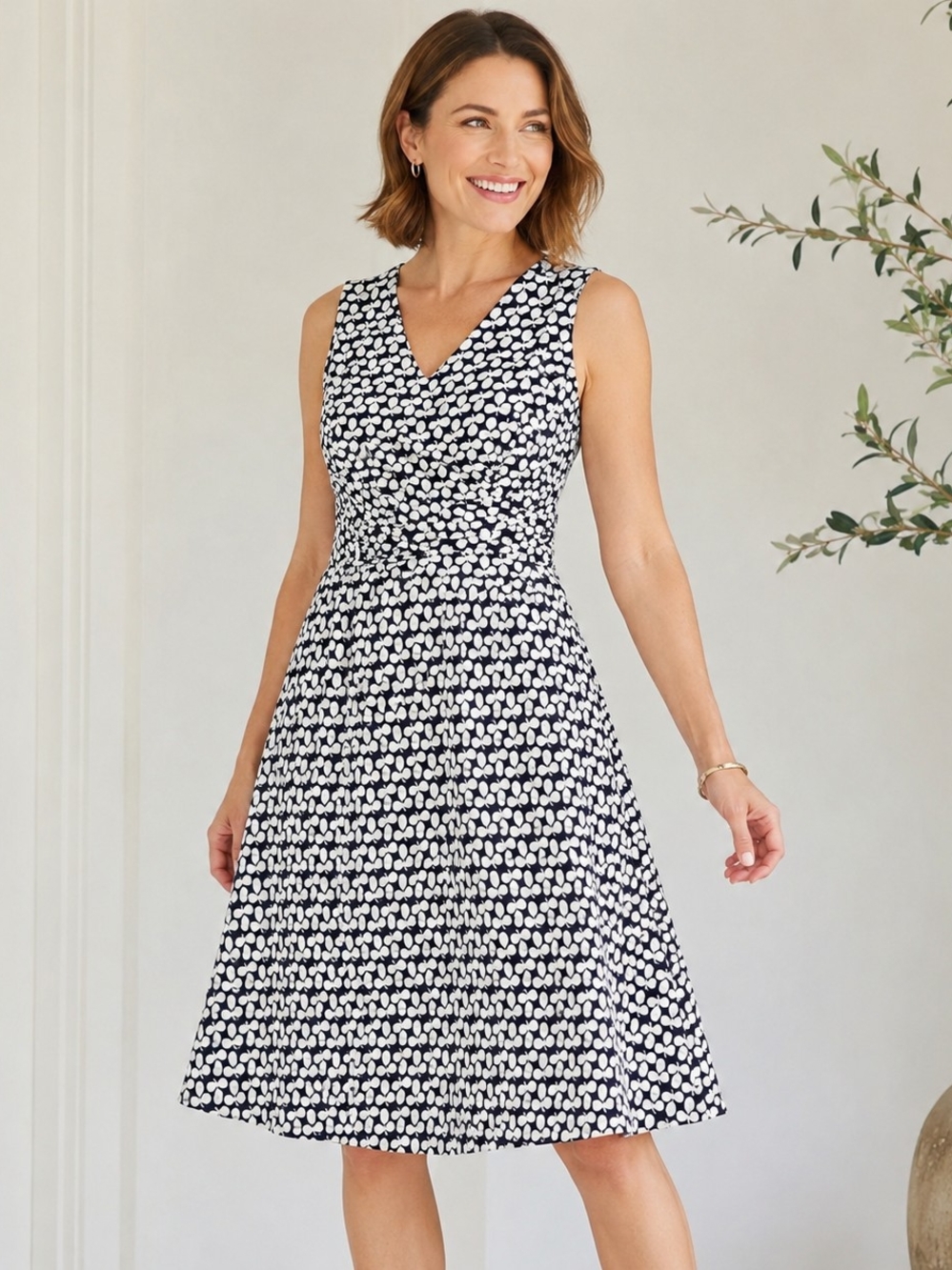 Boden Linen Cotton Navy White Print Fit & Flare Midi Dress Size 14 Pockets